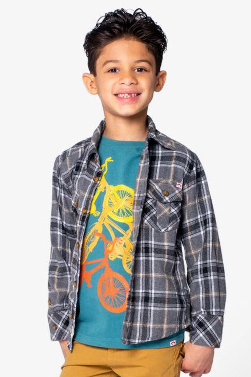 flannel shirt in greige plaid style view