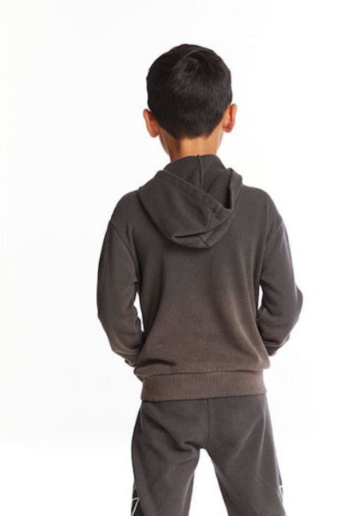 Faded black back view long-sleeve hoodie with hood and front pocket
