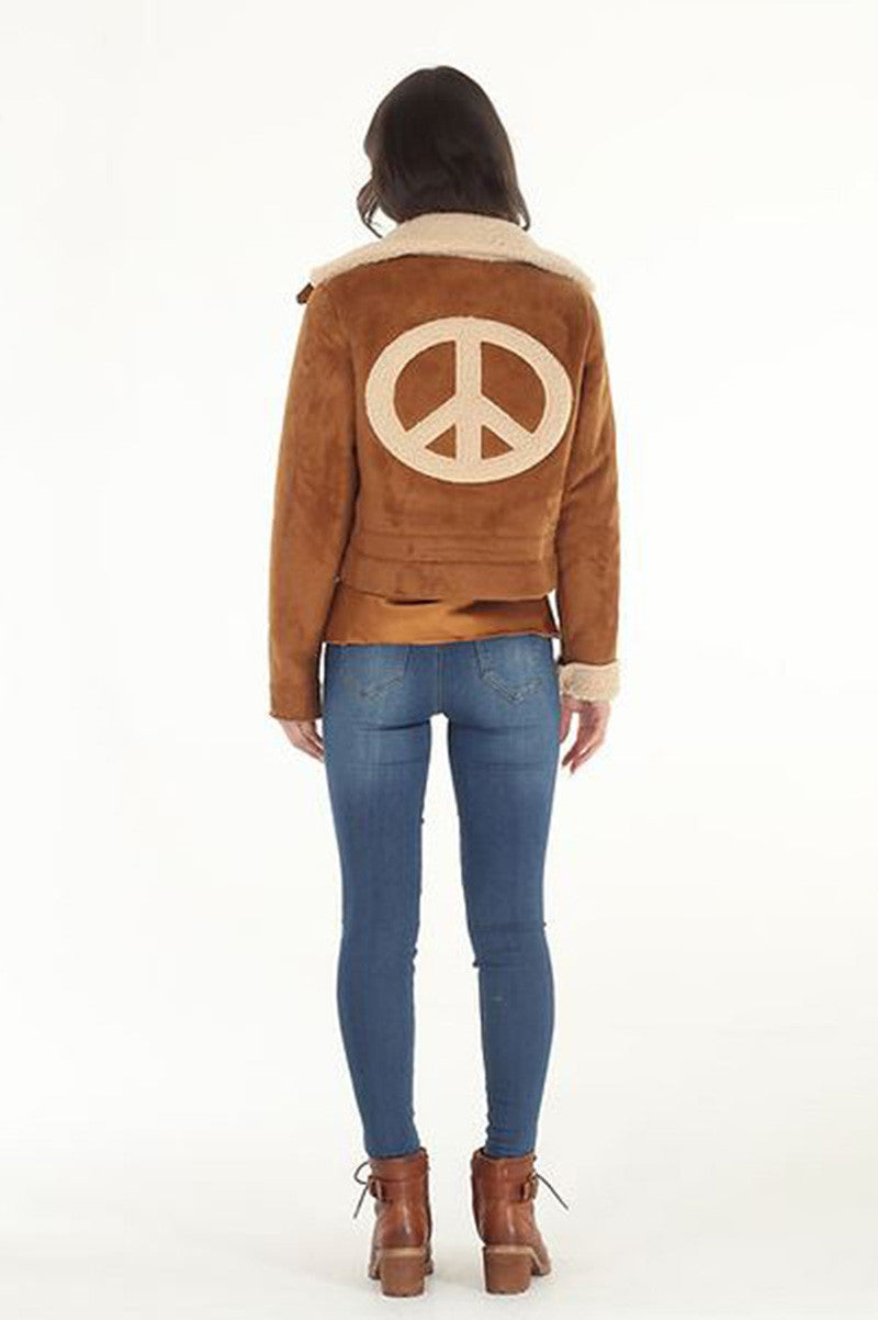 faux suede sherpa peace jacket in camel back view
