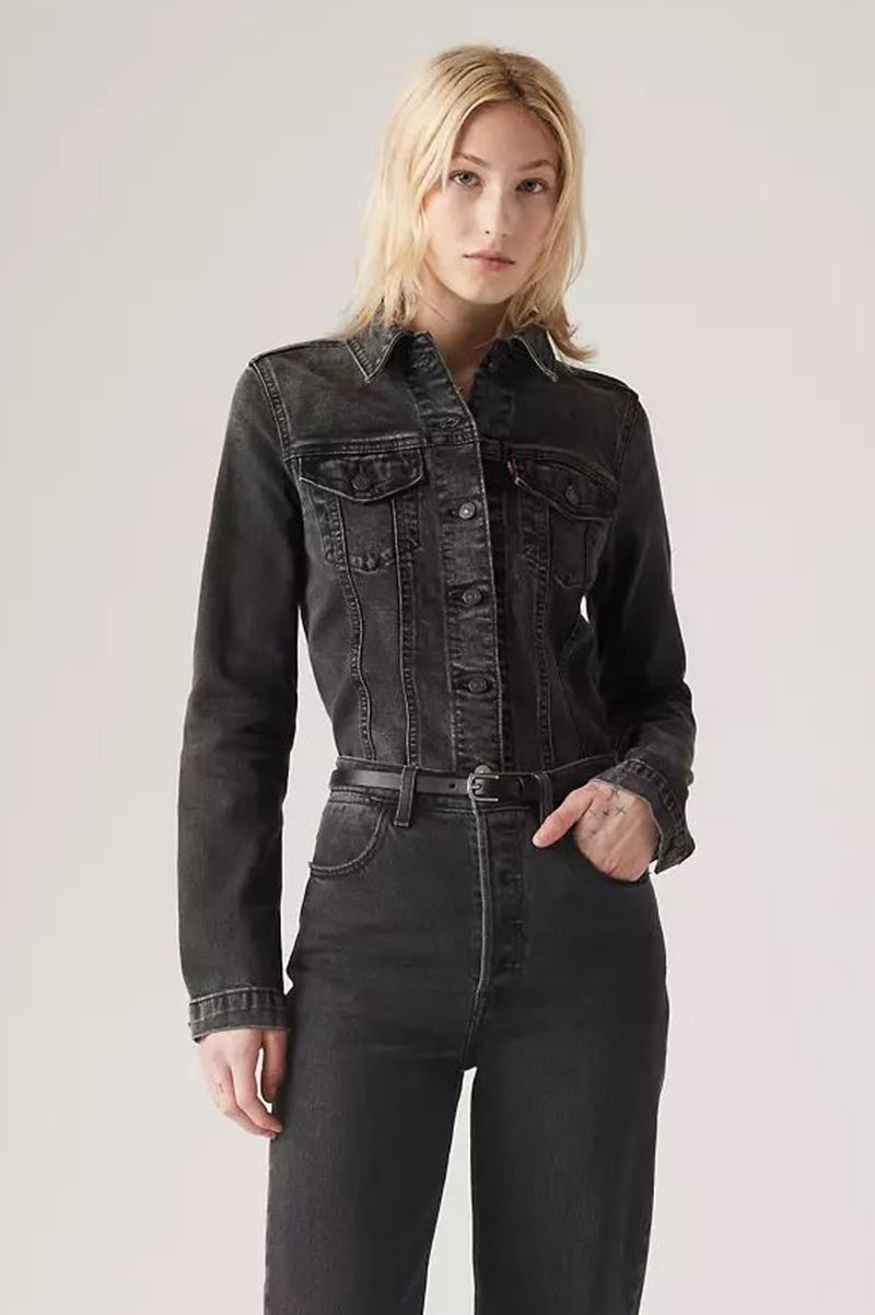 slim trucker jacket front view born leader black