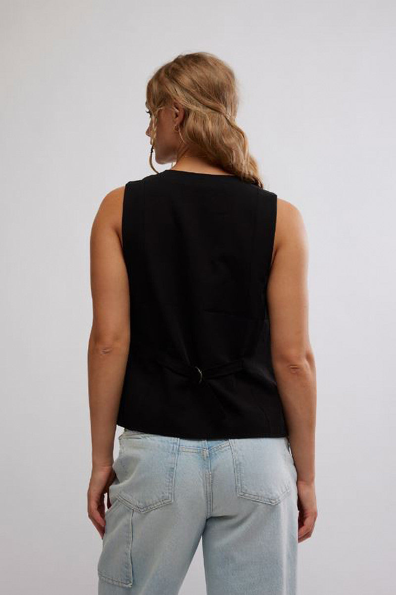 Black sleeveless suit vest, back view with V-shaped seam and straight hem