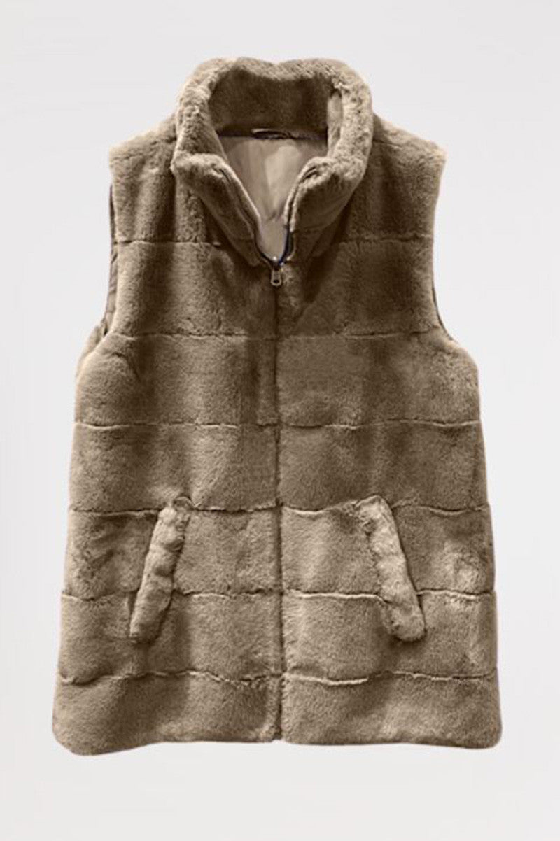 Fur Love Long Vest in vintage olive front view