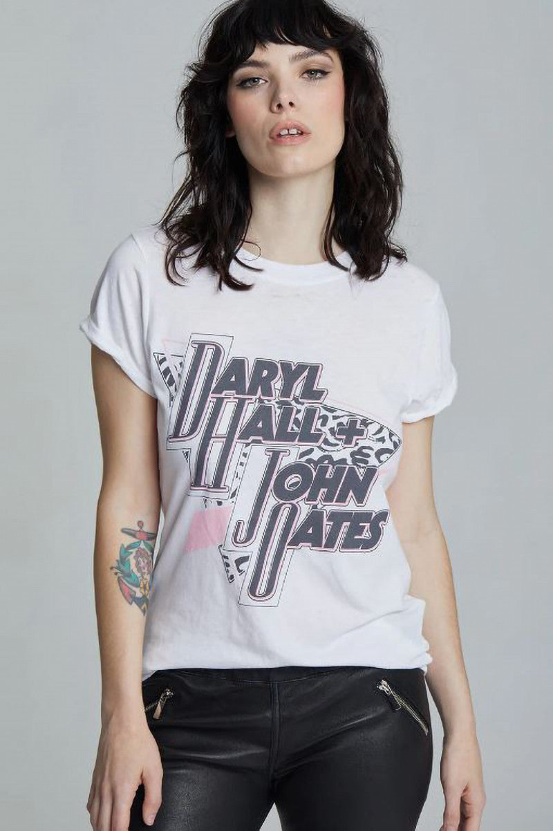 White burnout tee with Daryl Hall & John Oates graphic front