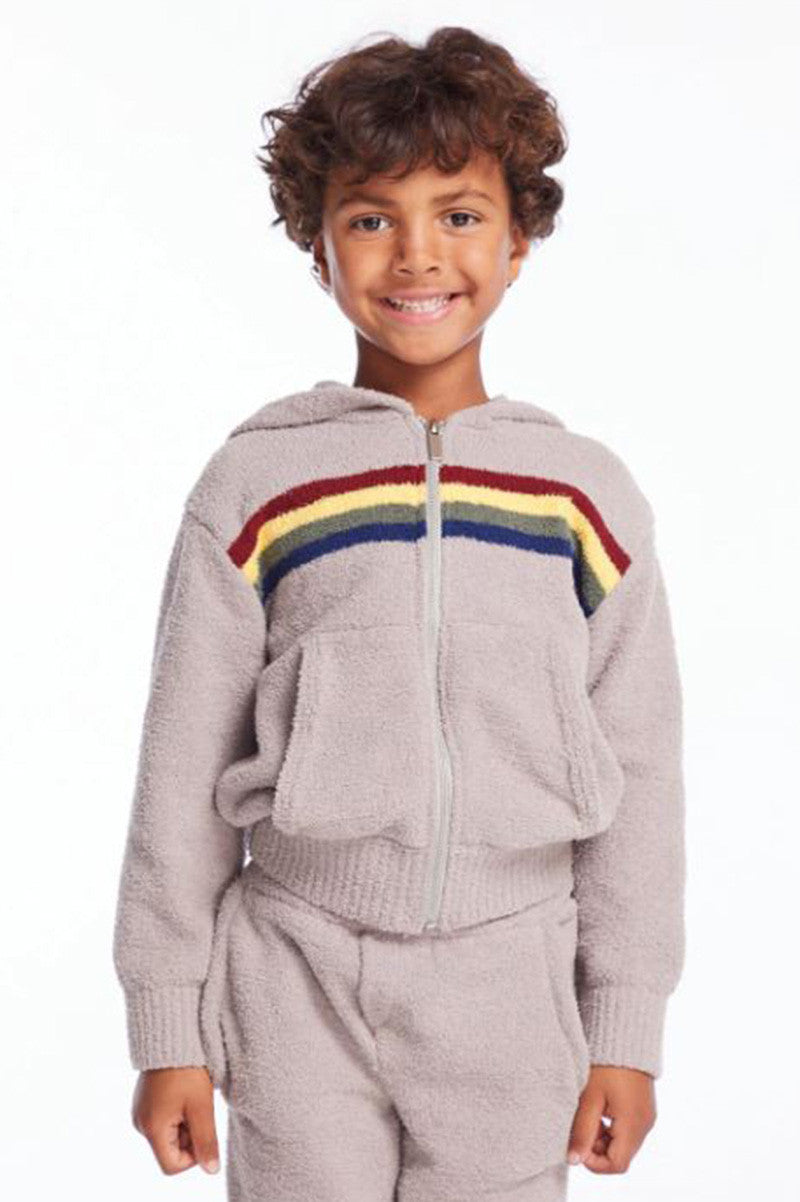 FUZZY ZIP UP HOODIE in heather grey front view