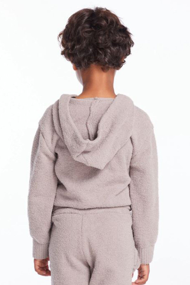 FUZZY ZIP UP HOODIE in heather grey back view