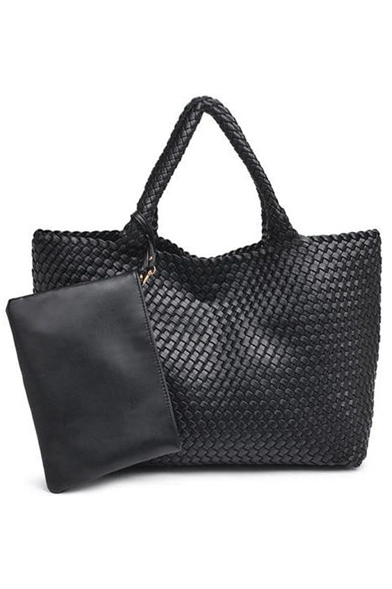Woven Solana Tote with pouch set in black
