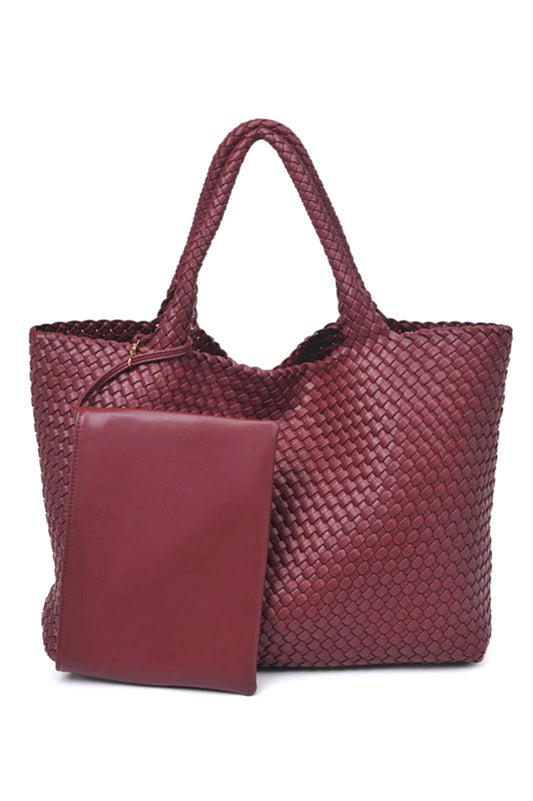 Woven Solana Tote with pouch set in burgundy