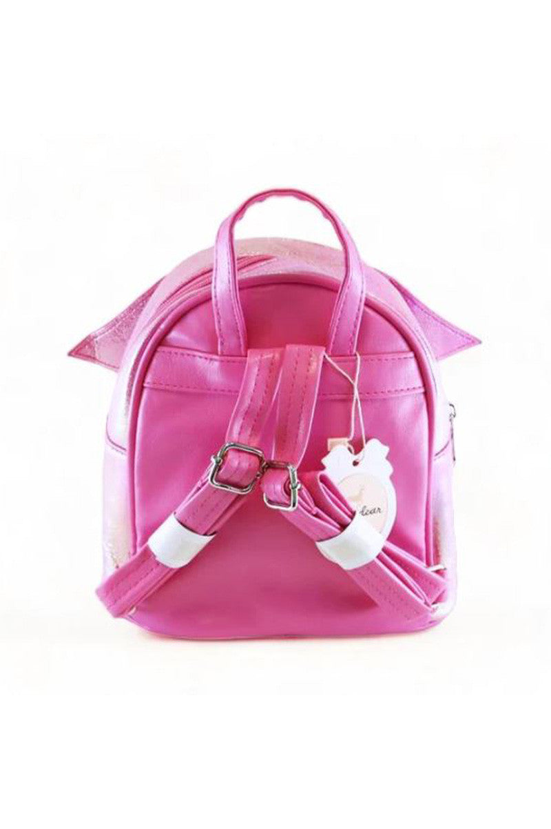 Fuchsia backpack with adjustable shoulder straps, front buckles, hanging charm; ONE size