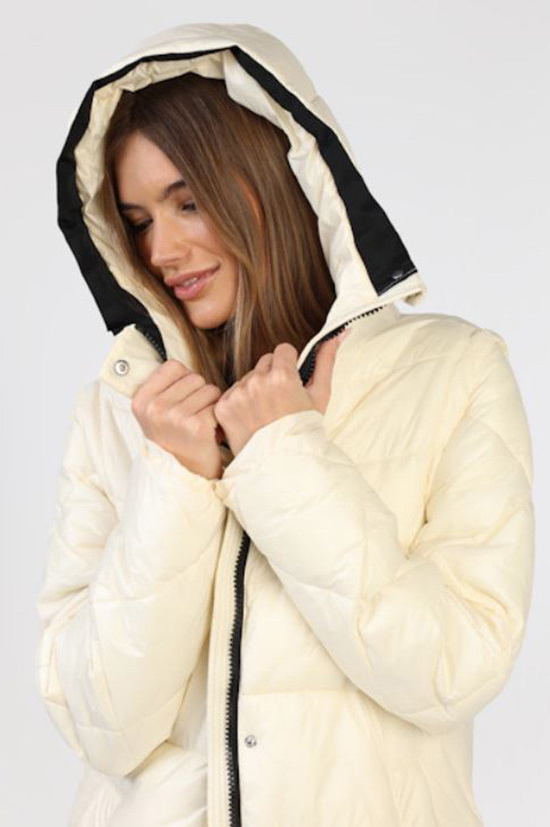 Quilted puffer with zip off sleeve in natural hood view