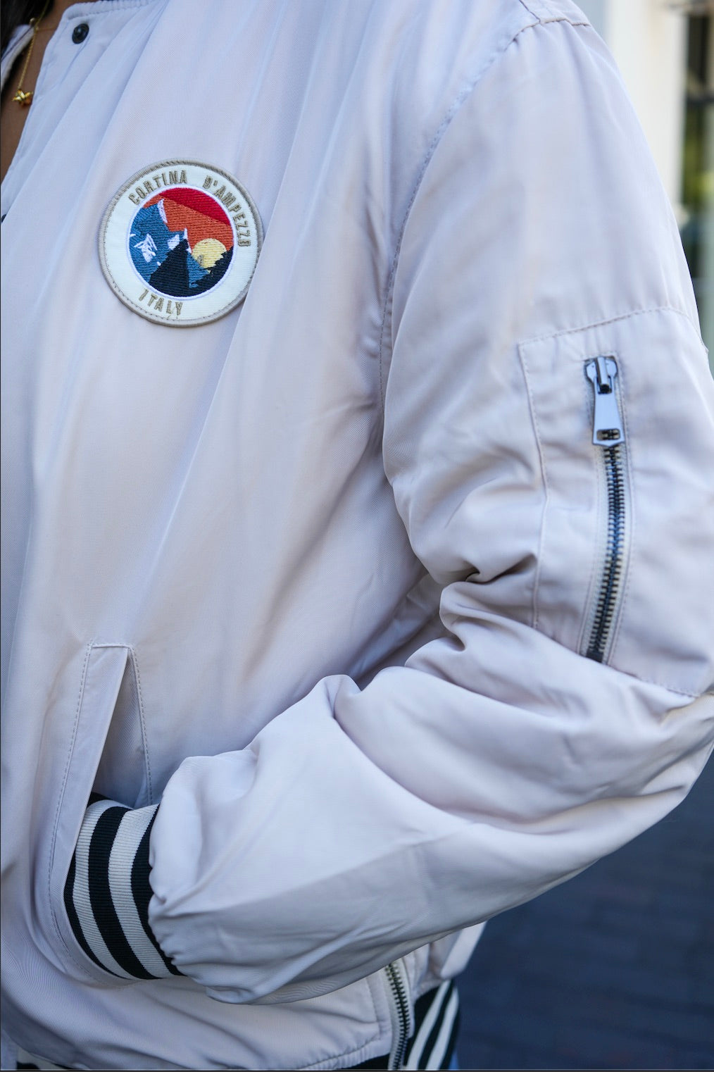 SATIN BOMBER w/PATCH IN SHORT BREAD SIDE VIEW CLOSE UP