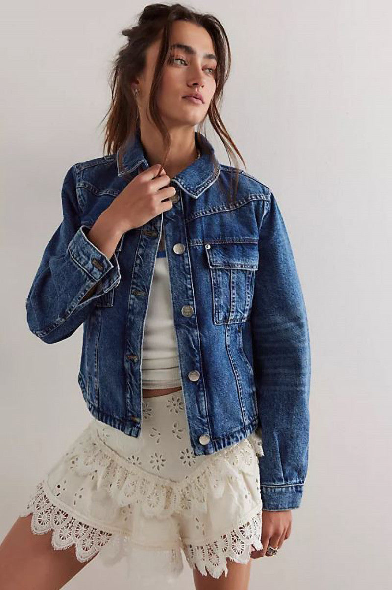 Jade denim jacket in high dive front view