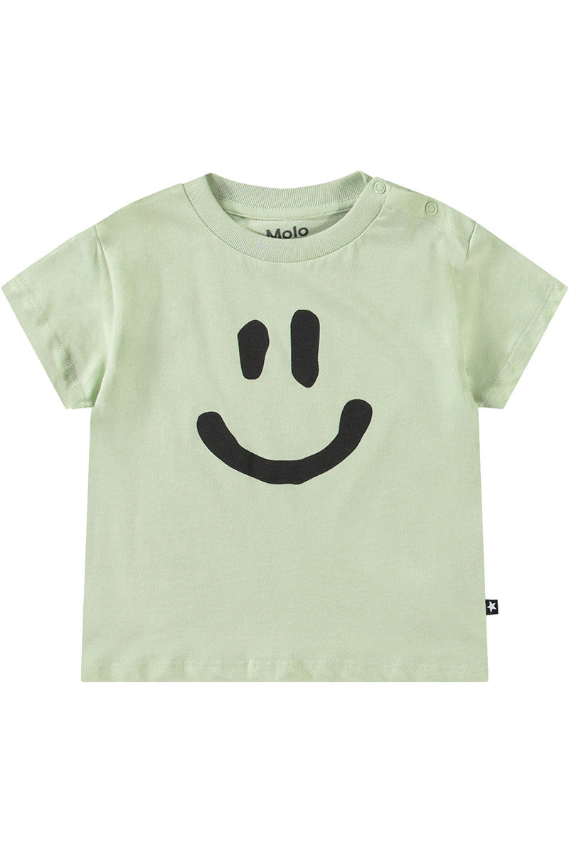 Enzo short sleeve tee in misty green with smiley face front view