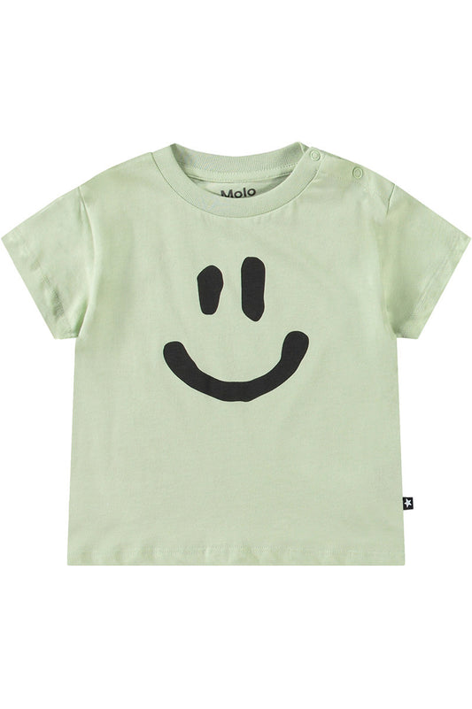 Enzo short sleeve tee in misty green with smiley face front view