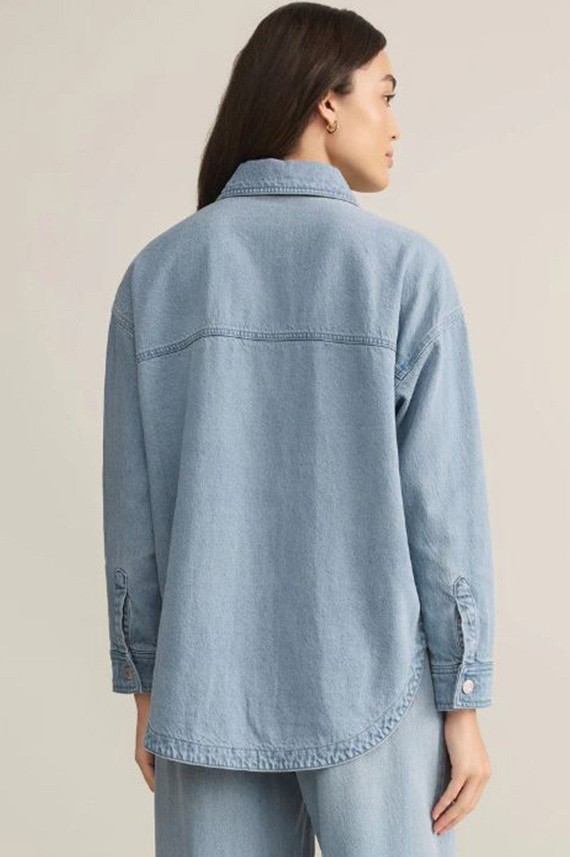 ALL DAY LUXE SOFT DENIM JACKET in light vintage indigo back view