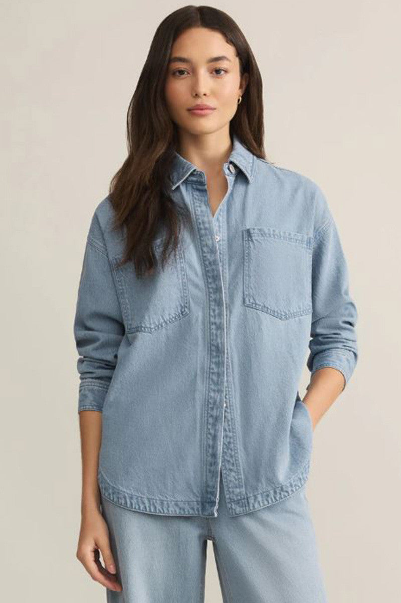 ALL DAY LUXE SOFT DENIM JACKET in light vintage indigo front view