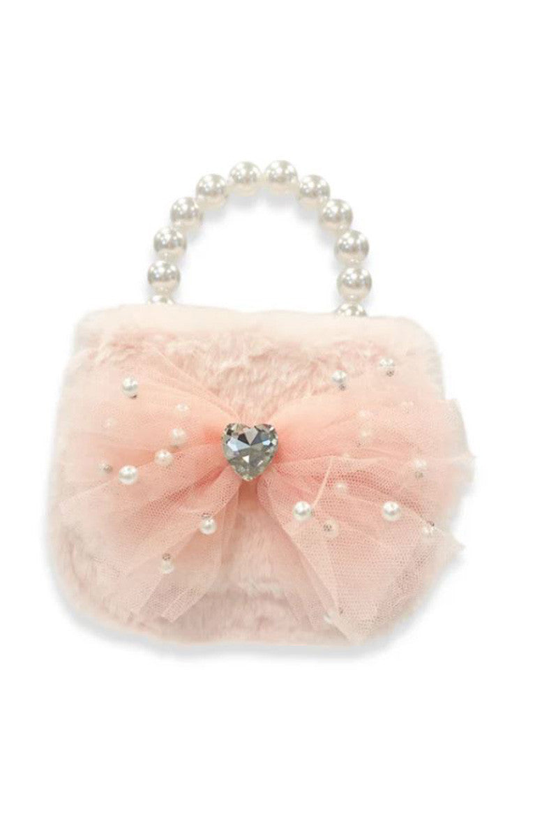 Mesh bow furry purse in pink view