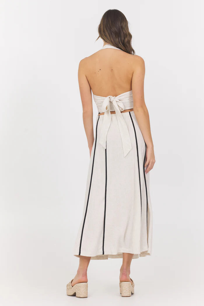 Linen blend halter top with piping in earthy sand back view