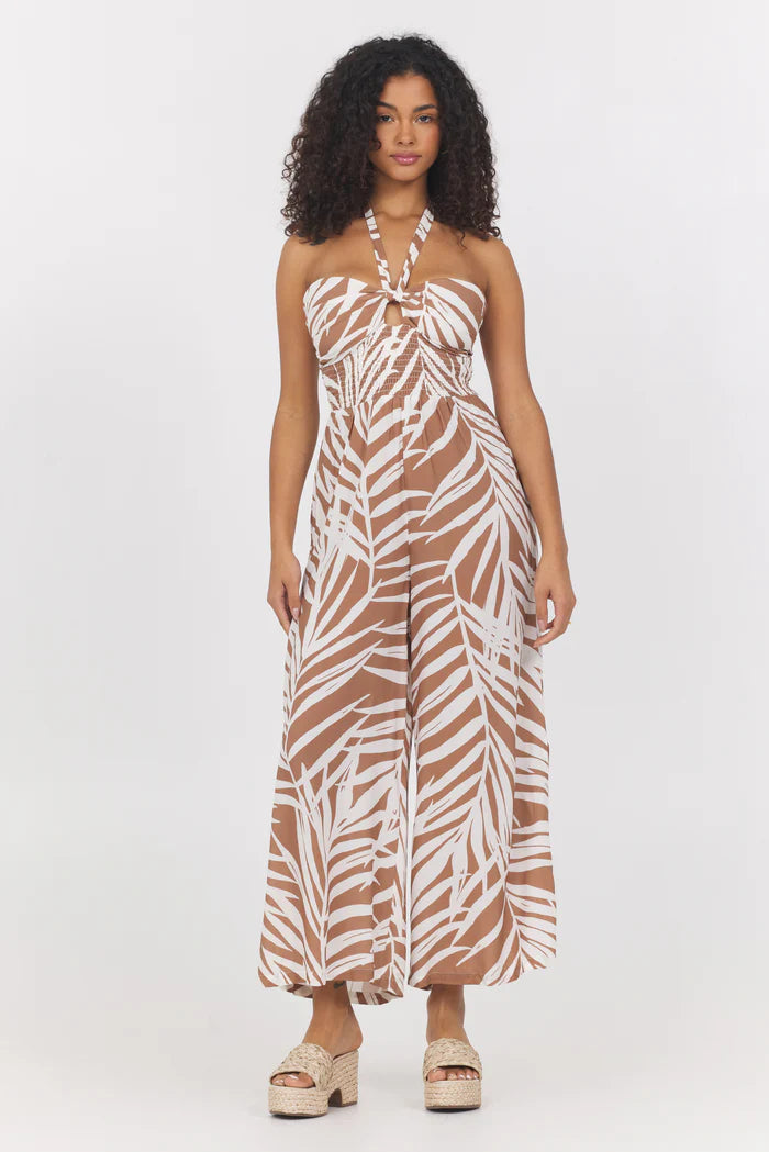 Palm print rayon halter jumpsuit in bronze front view