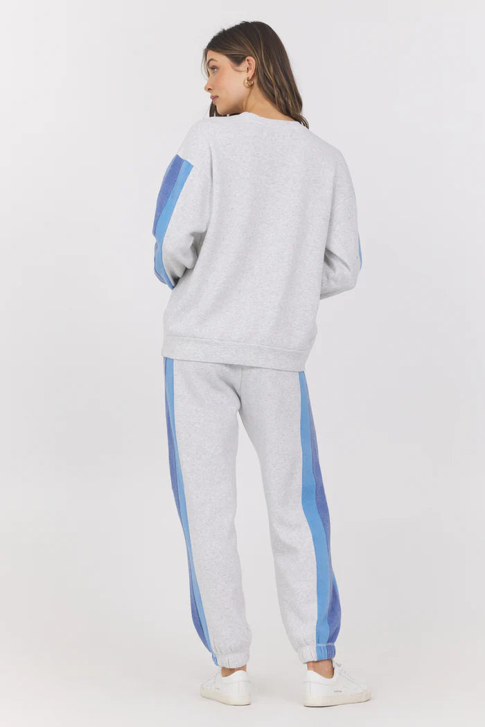 Colorblock burnout fleece crewneck with joggers, light gray and blue side panels