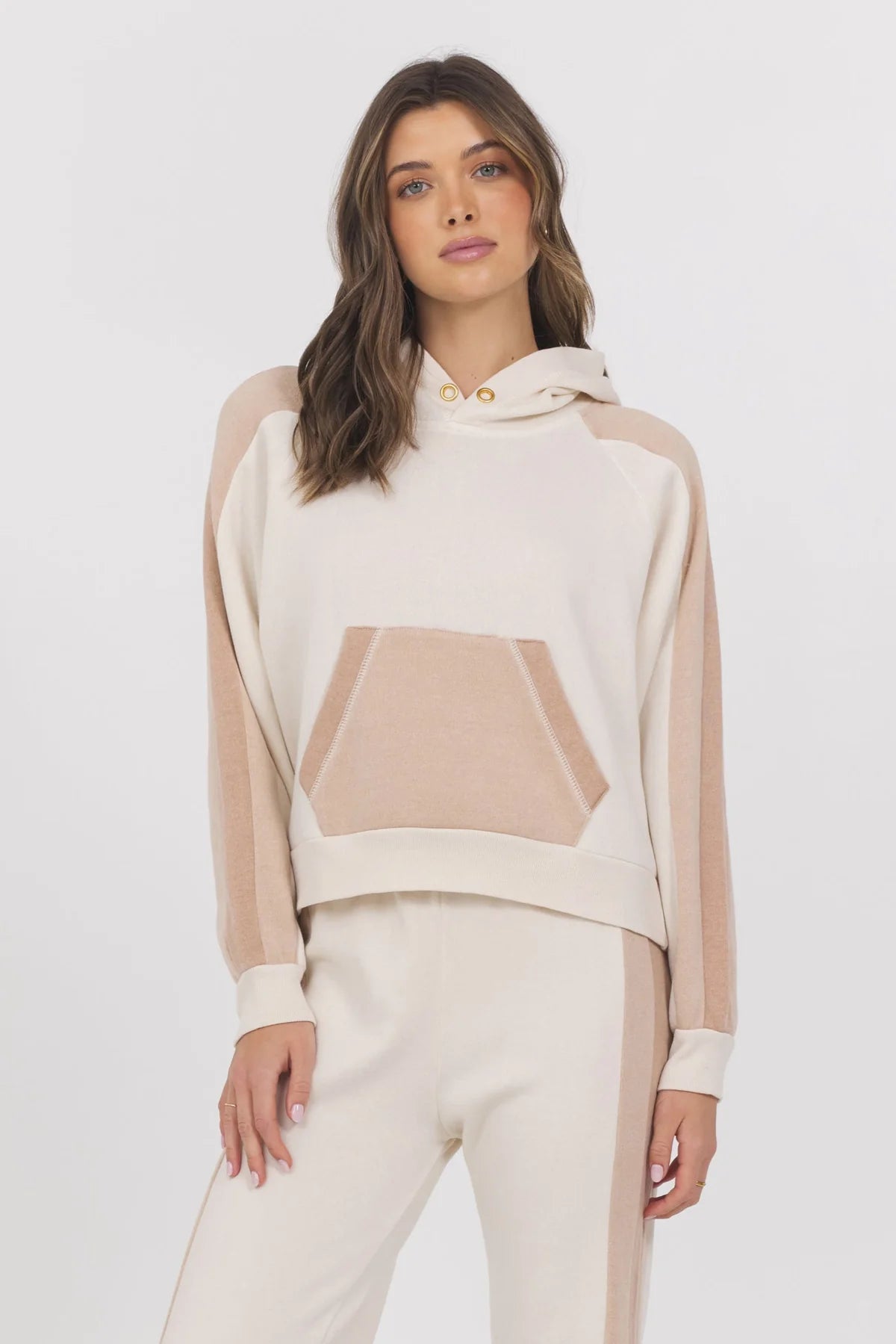 COLORBLOCK BURNOUT FLEECE HOODIE IN COCONUT MULTI FRONT VIEW