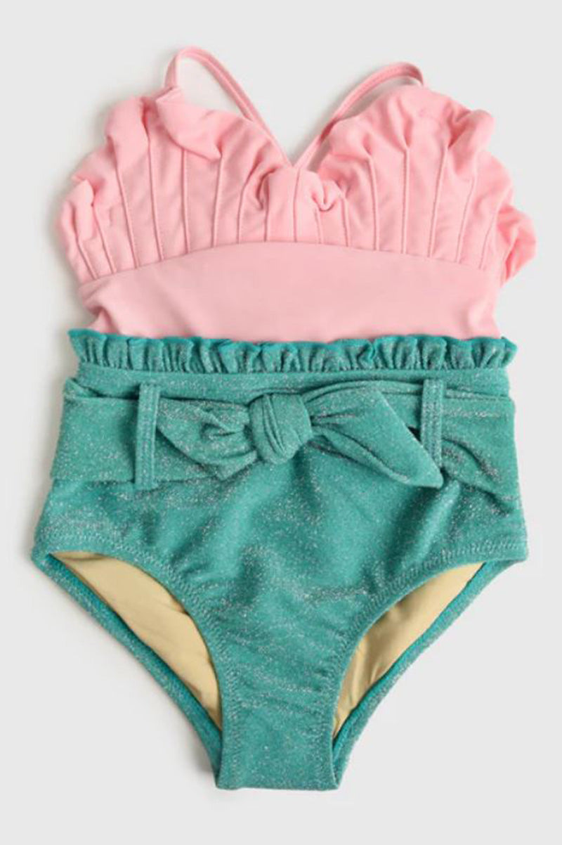 Shimmer mermaid 1pc swimsuit in pink green front  view