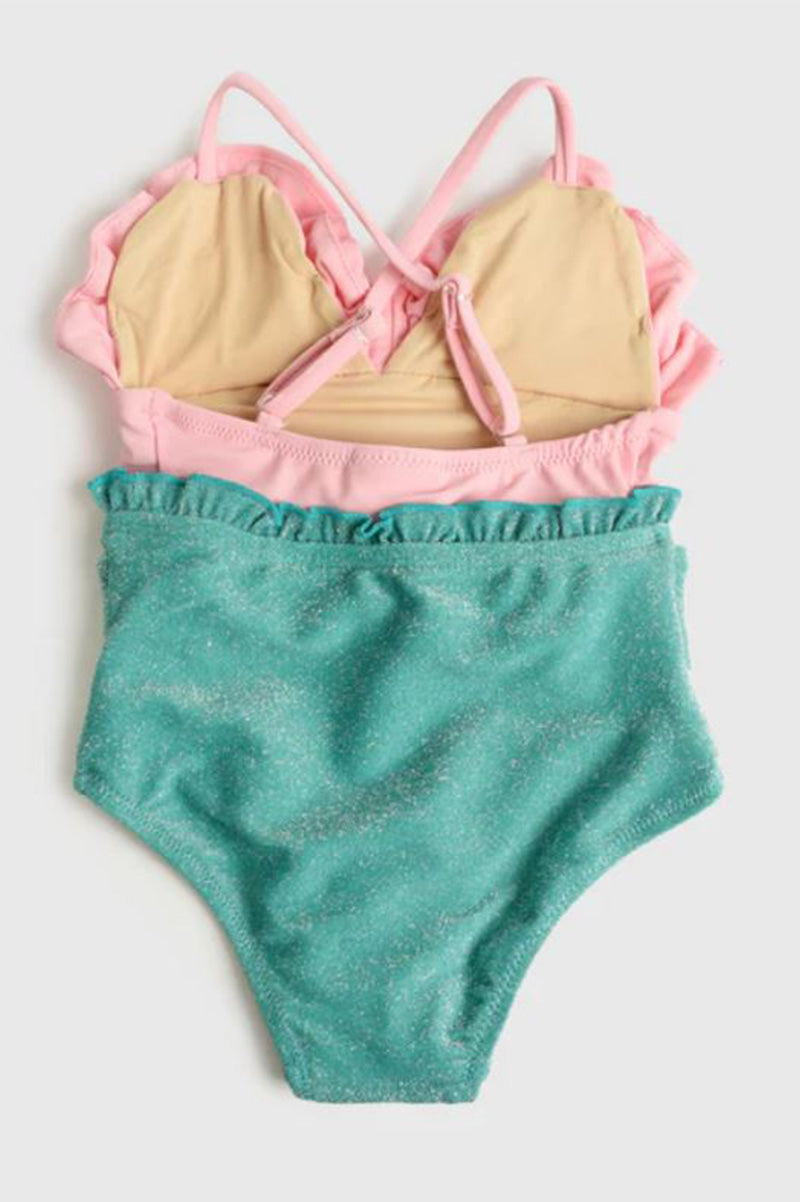 Shimmer mermaid 1pc swimsuit in pink green back view