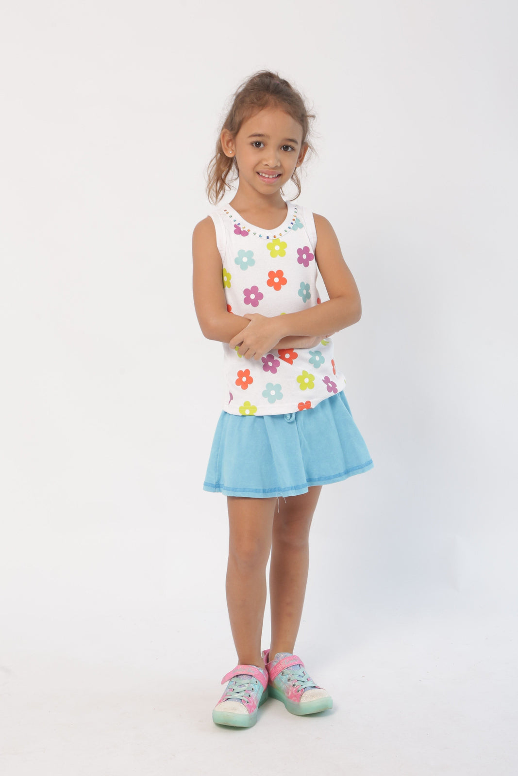 Turquoise stonewash sport skirt: flared pleats with tied elastic waistband