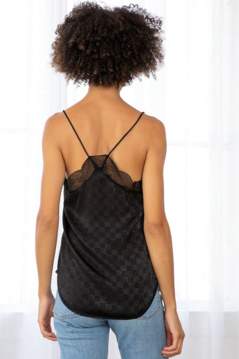 Checkered satin camisole in black back view