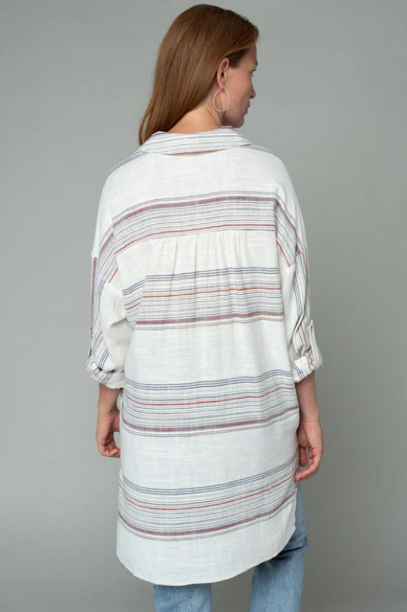Linen stripe oversized collared tunic ivory with red stipes back view