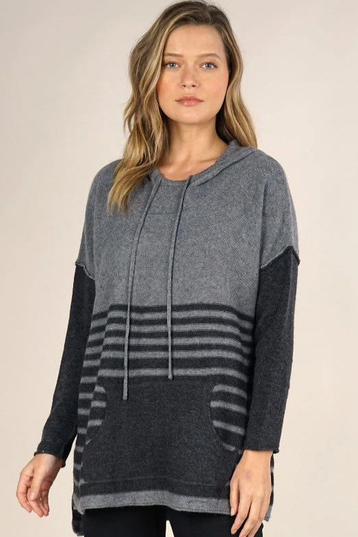 Wool Blend Striped Pullover Hoodie in heather grey and charcoal front view