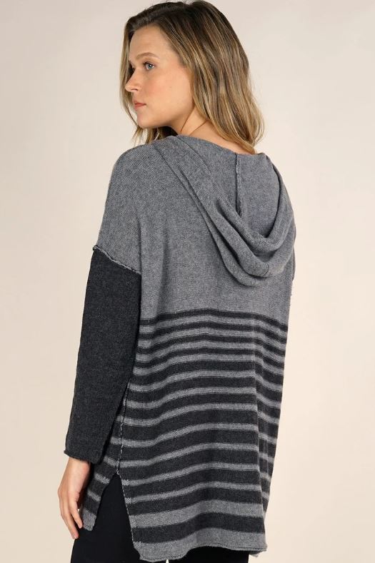 Wool Blend Striped Pullover Hoodie in heather grey and charcoal back view