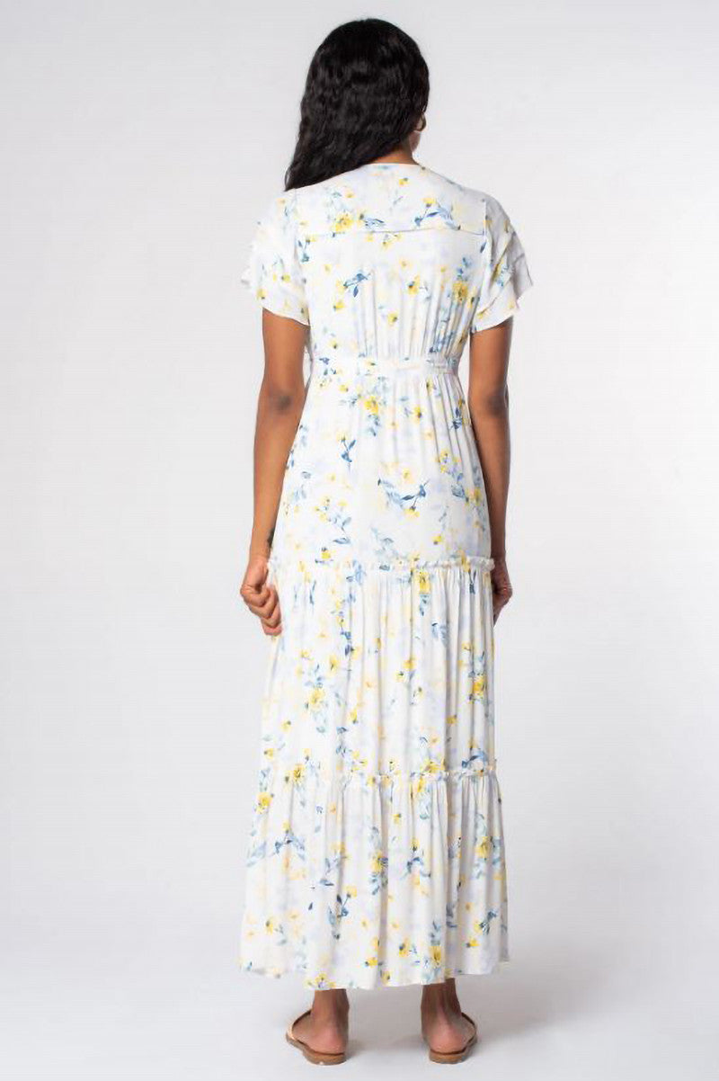 Floral flutter sleeve tiered vneck dress in cream yellow back view