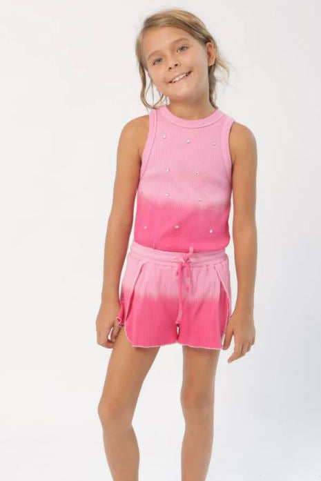 Pink ombre sleeveless tank with crew neck and small rhinestone dots