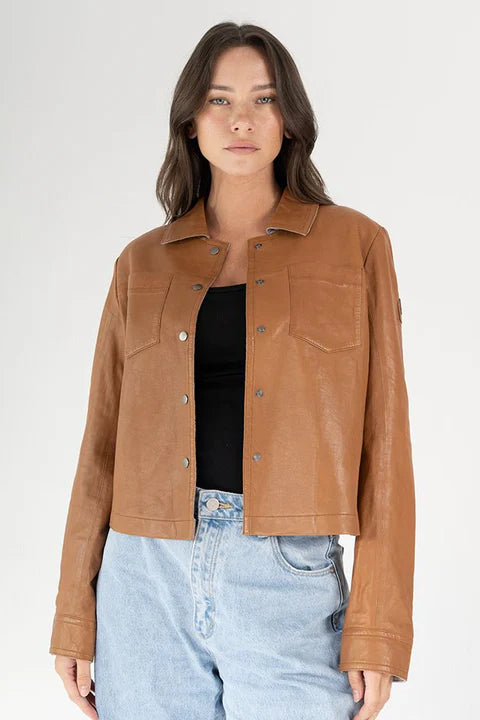 Lefei RF leather jacket in camel front view