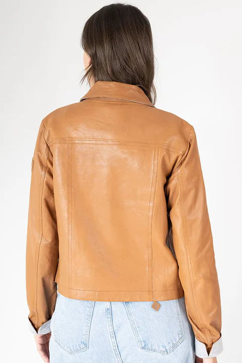Lefei RF leather jacket in camel back view