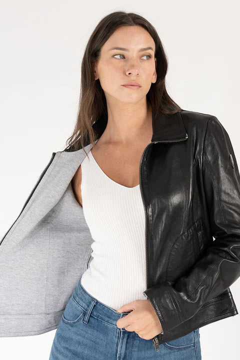 Lusan RF leather jacket in black front view