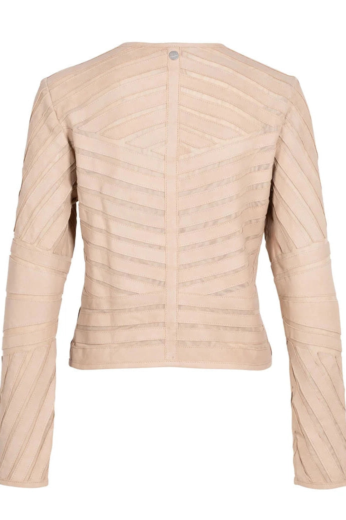 Leather jacket beige, back view with geometric stripe stitching