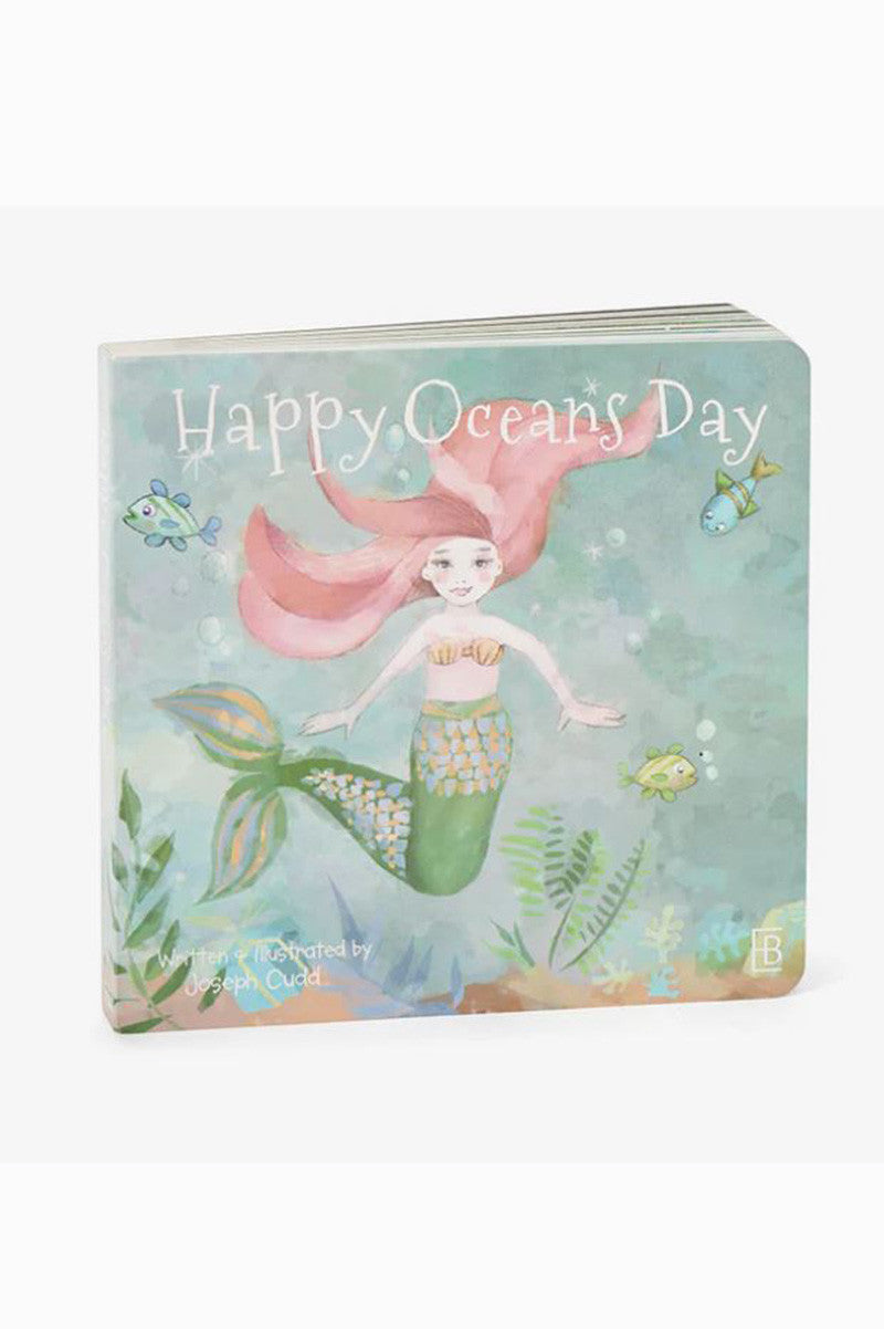 Happy Oceans Day board book cover with a mermaid and sea life in green-blue tones