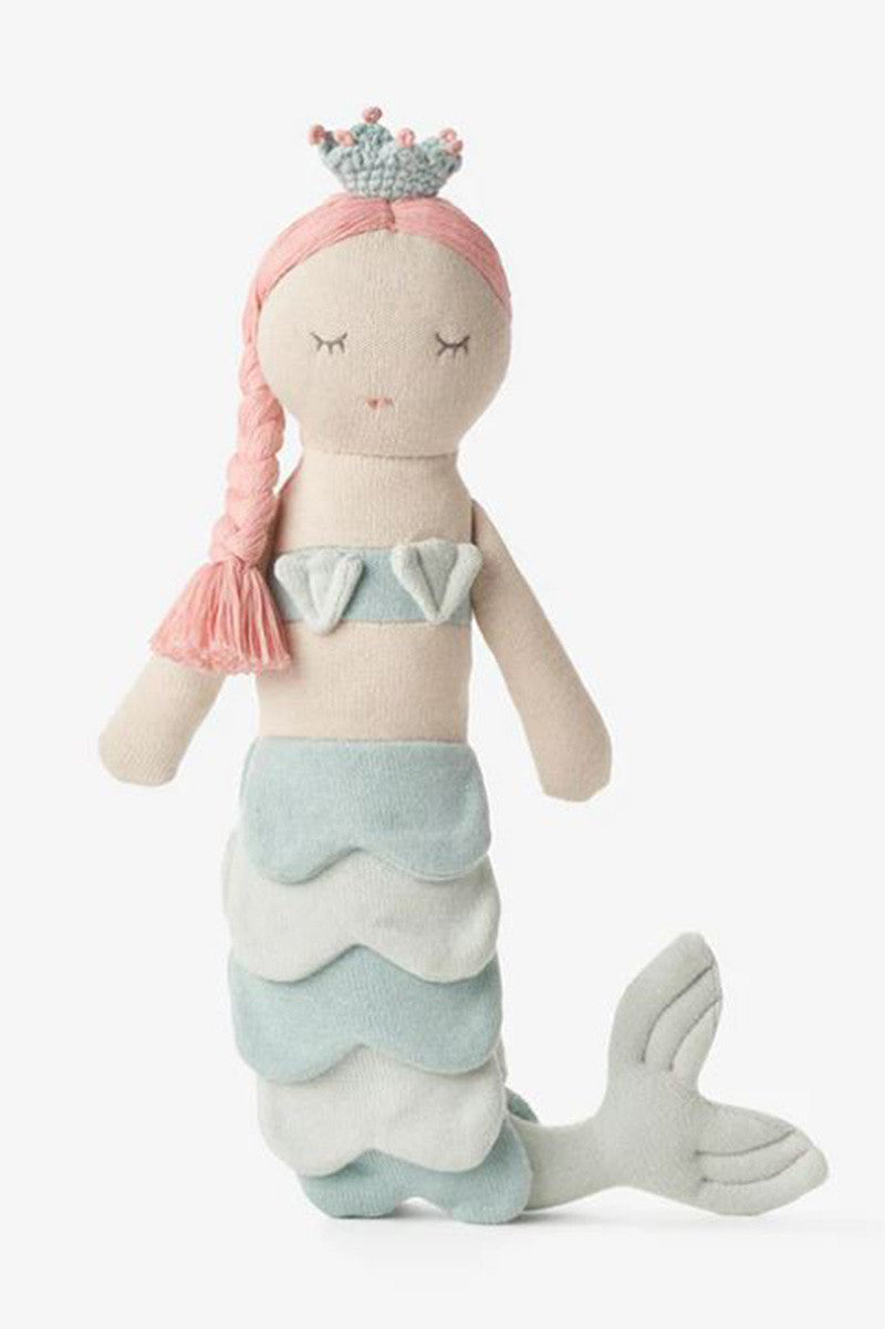 Mermaid knit toy pink rose hair blue cream body.