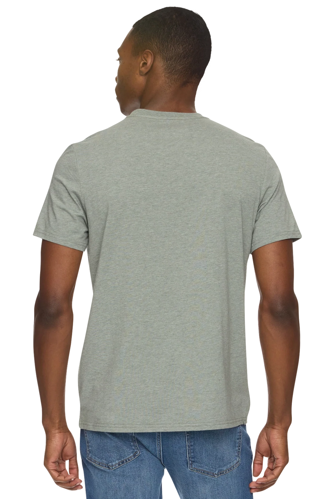 Short-sleeve crewneck tee in light sage heather, crew neckline, short sleeves
