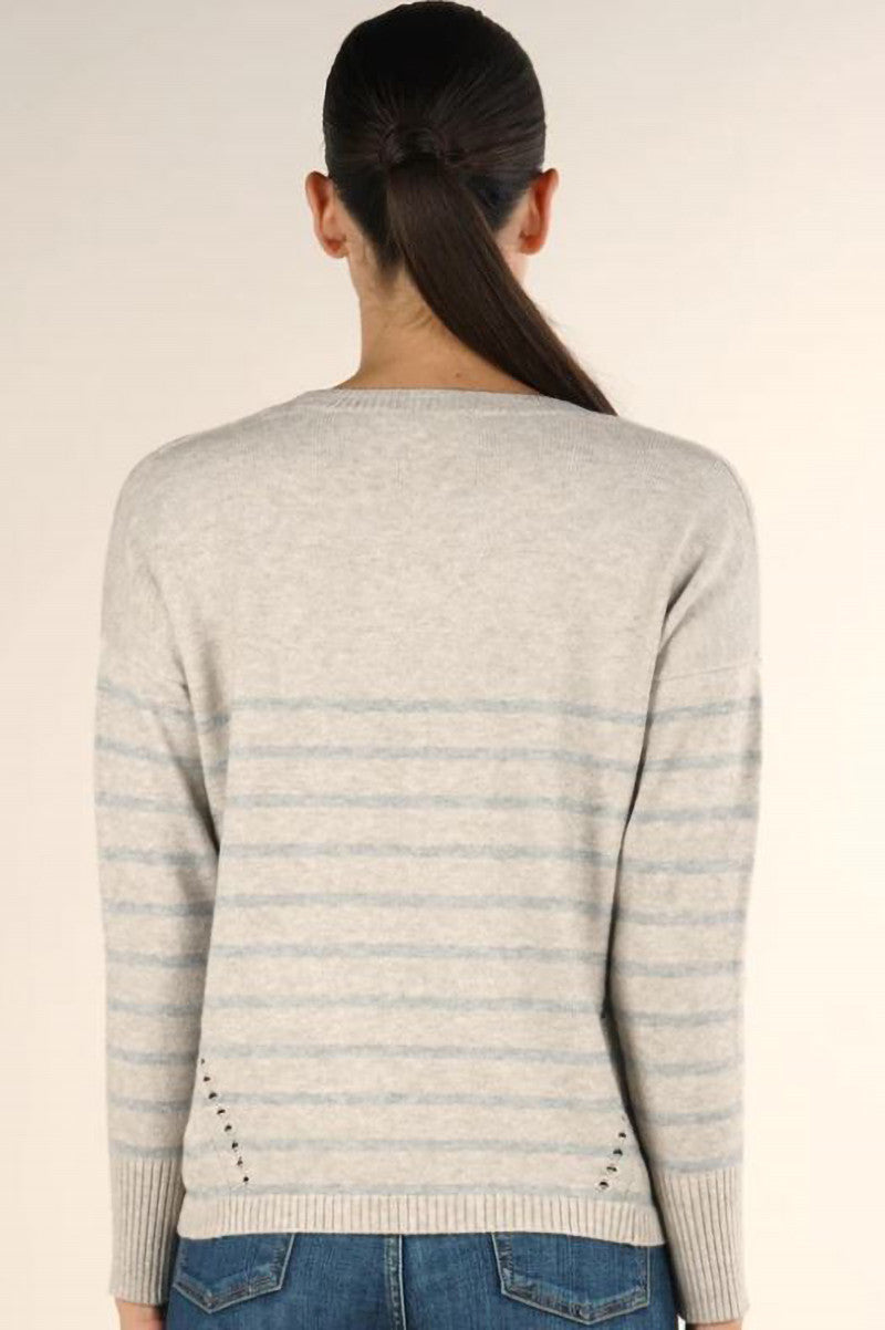 Long sleeve crew neck striped sweater in heather stone grey back view