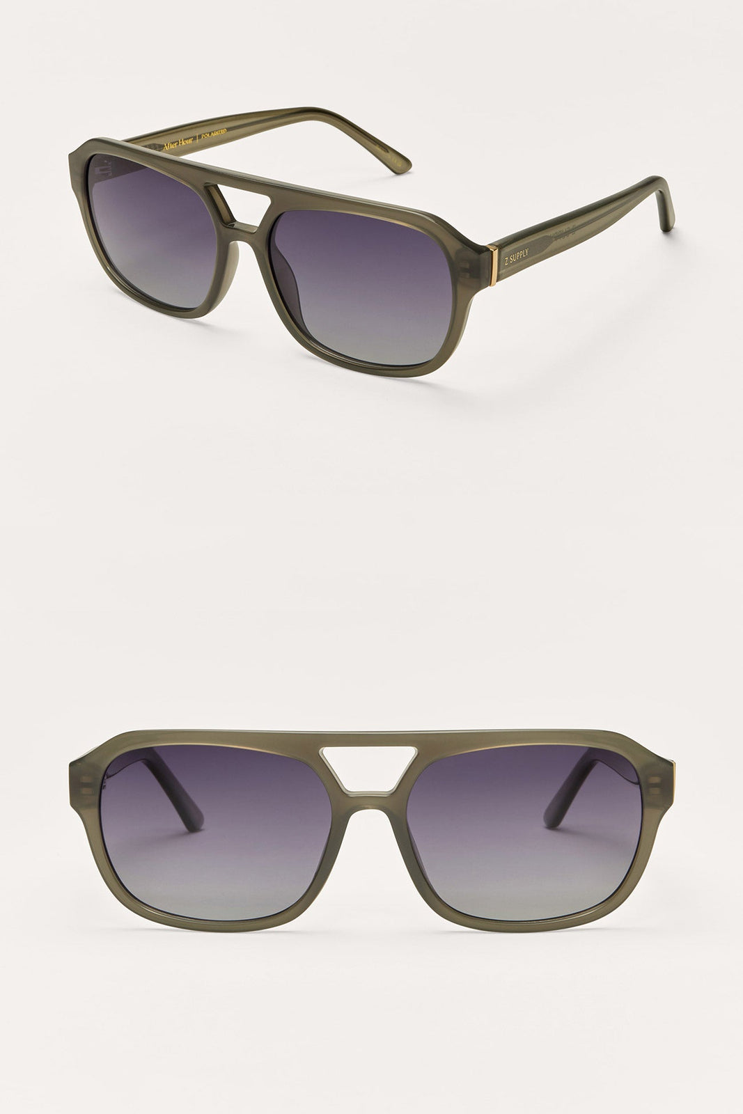 Olive polarized sunglasses with purple-tinted gradient lenses