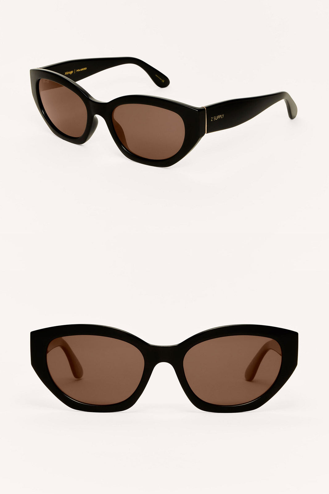 MIRAGE sunglasses with black frame and brown round lenses; curved slim temples