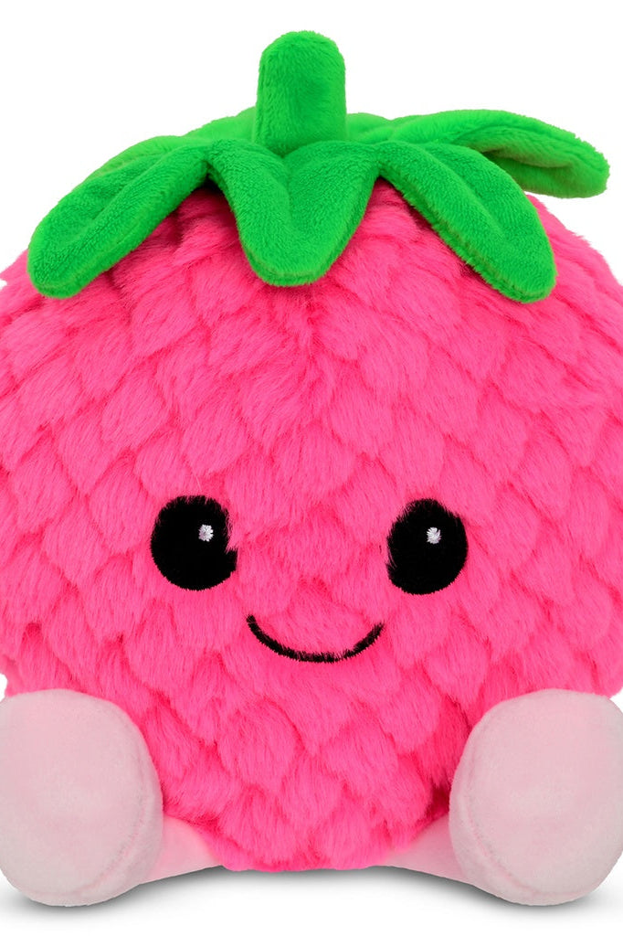 Mini plush strawberry with bright pink fur, green leaves on top, smiling face, pale feet