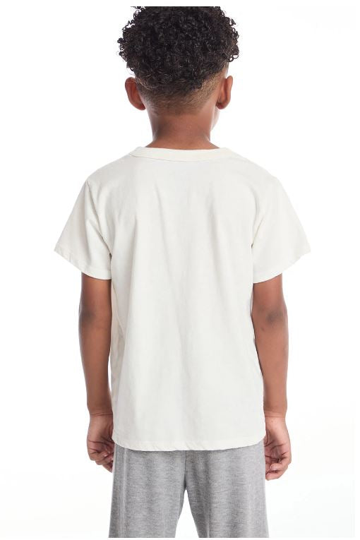 Back view of kids white HOLE IN ONE TEE, plain with round neckline