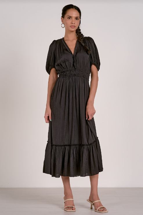 Midi V neck short sleeve dress in black front view
