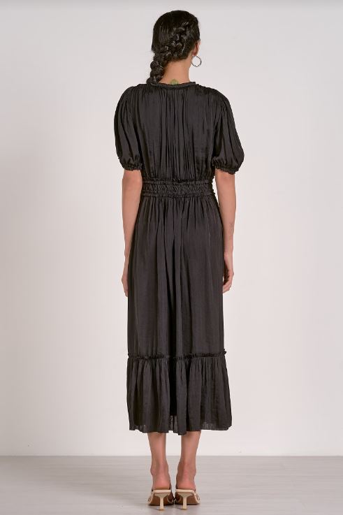 Midi V neck short sleeve dress in black back view