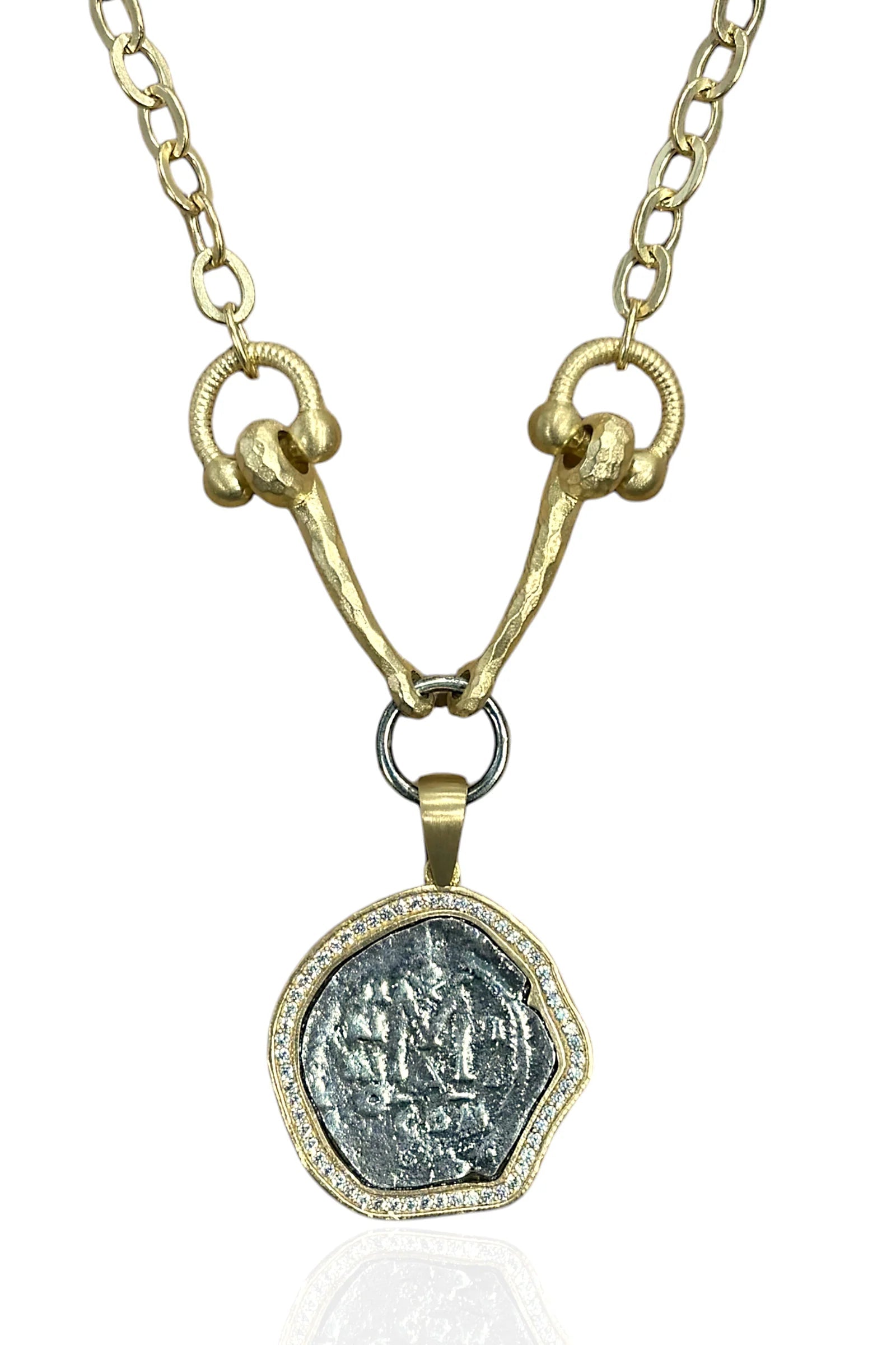 Molat horse bit necklace in gold with silver coin style view
