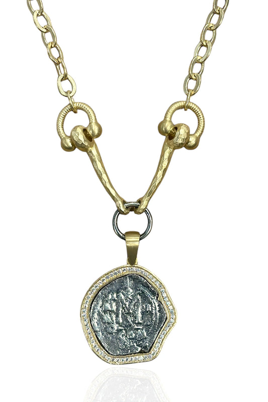 Molat horse bit necklace in gold with silver coin style view