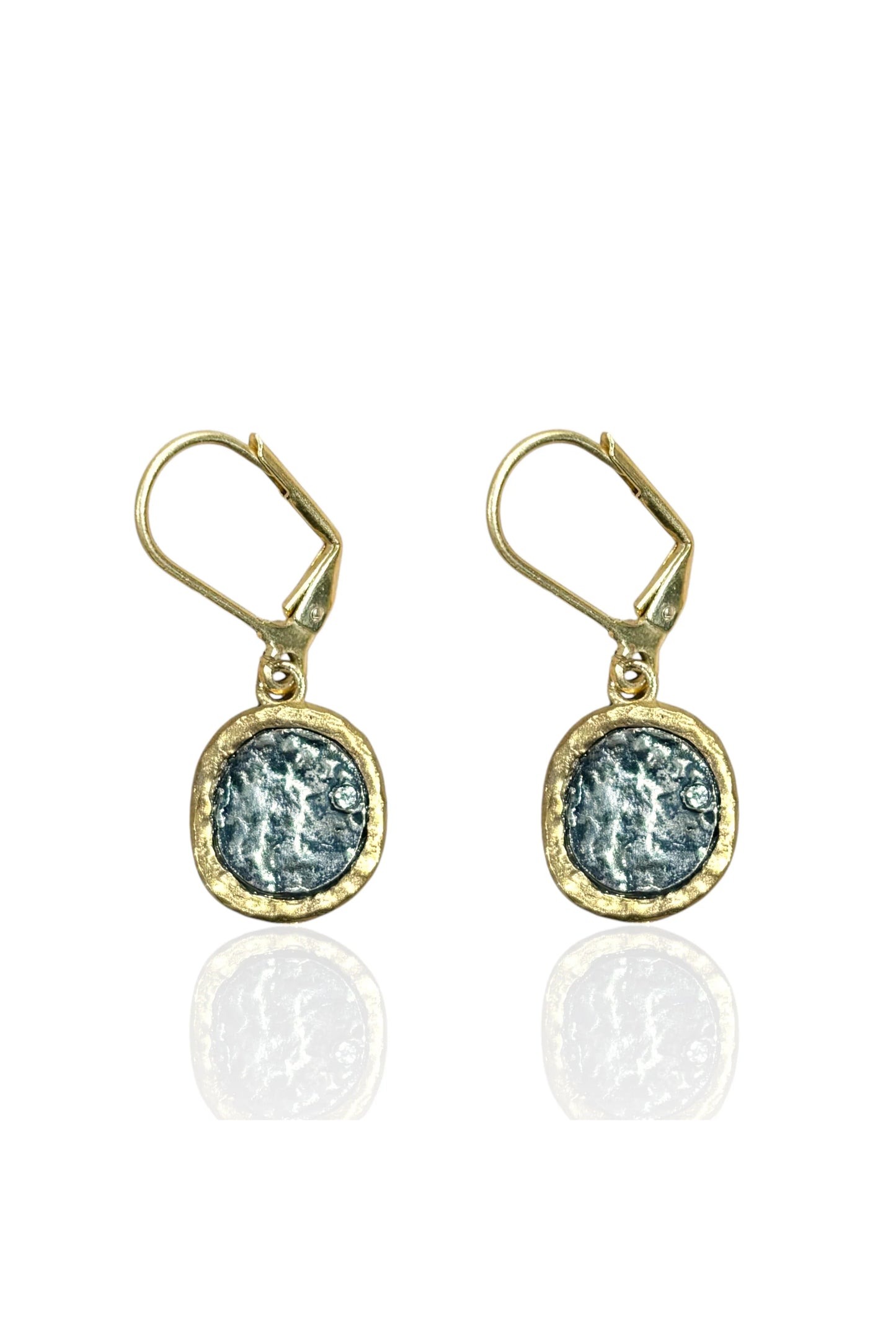 pavia coin dangle earrings in gold with silver coin style view